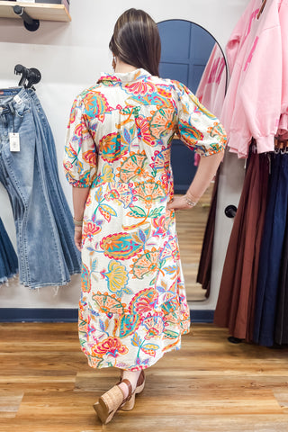 Umgee cream mix midi length spring dress tropical botanical print K1619