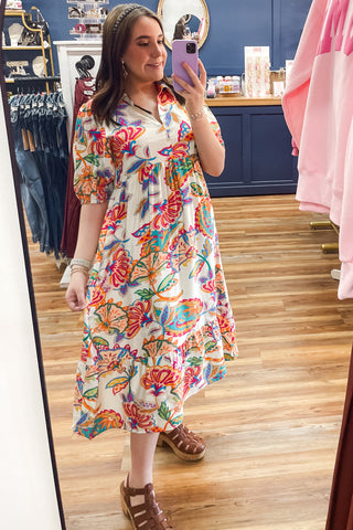 Umgee cream mix midi length spring dress tropical botanical print K1619