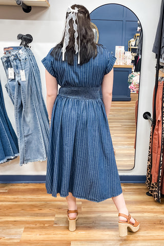 Umgee Dark Denim Short Sleeve Midi Dress Button Up Smocked Waist C6026