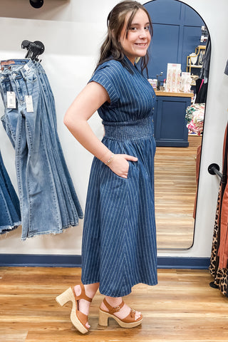 Umgee Dark Denim Short Sleeve Midi Dress Button Up Smocked Waist C6026