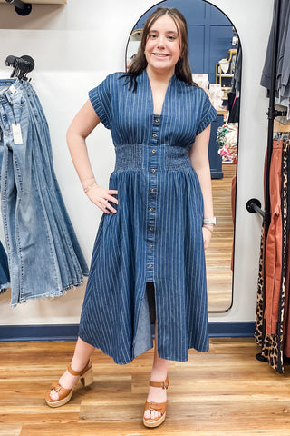 Umgee Dark Denim Short Sleeve Midi Dress Button Up Smocked Waist C6026