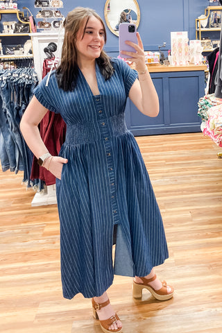 Umgee Dark Denim Short Sleeve Midi Dress Button Up Smocked Waist C6026