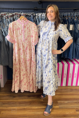 Umgee Floral Tiered Maxi Dress Contrast Trim Short Puff Sleeves K1884 both colors