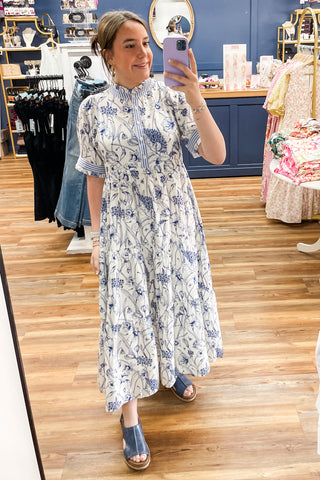 Umgee blue Floral Tiered Maxi Dress Contrast Trim Short Puff Sleeves K1884