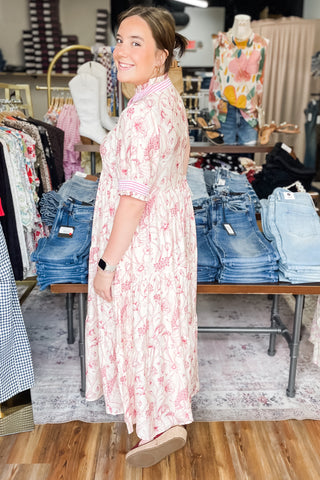 Umgee red Floral Tiered Maxi Dress Contrast Trim Short Puff Sleeves K1884