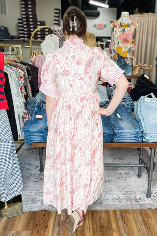 Umgee red Floral Tiered Maxi Dress Contrast Trim Short Puff Sleeves K1884