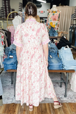 Umgee red Floral Tiered Maxi Dress Contrast Trim Short Puff Sleeves K1884