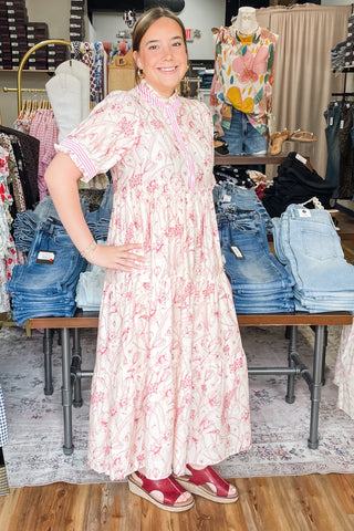 Umgee red Floral Tiered Maxi Dress Contrast Trim Short Puff Sleeves K1884