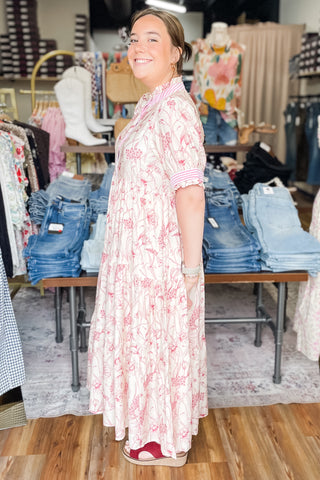 Umgee red Floral Tiered Maxi Dress Contrast Trim Short Puff Sleeves K1884