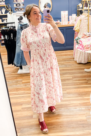 Umgee red Floral Tiered Maxi Dress Contrast Trim Short Puff Sleeves K1884