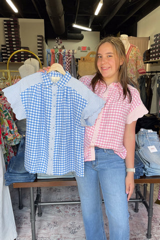 Umgee Short Sleeve Gingham Button Top Contrast Striped placket and shoulders C6333 both colors