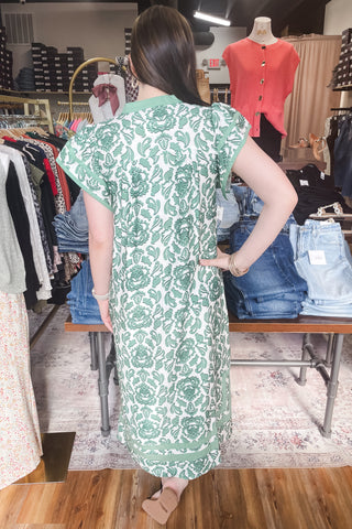 Umgee green abatract botanical print relaxed kaftan midi dress K1595