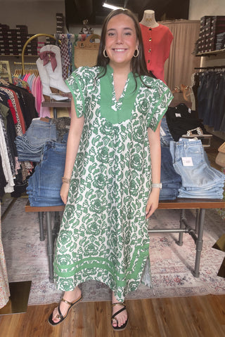 Umgee green abatract botanical print relaxed kaftan midi dress K1595