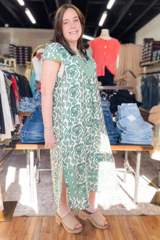 Umgee green abatract botanical print relaxed kaftan midi dress K1595
