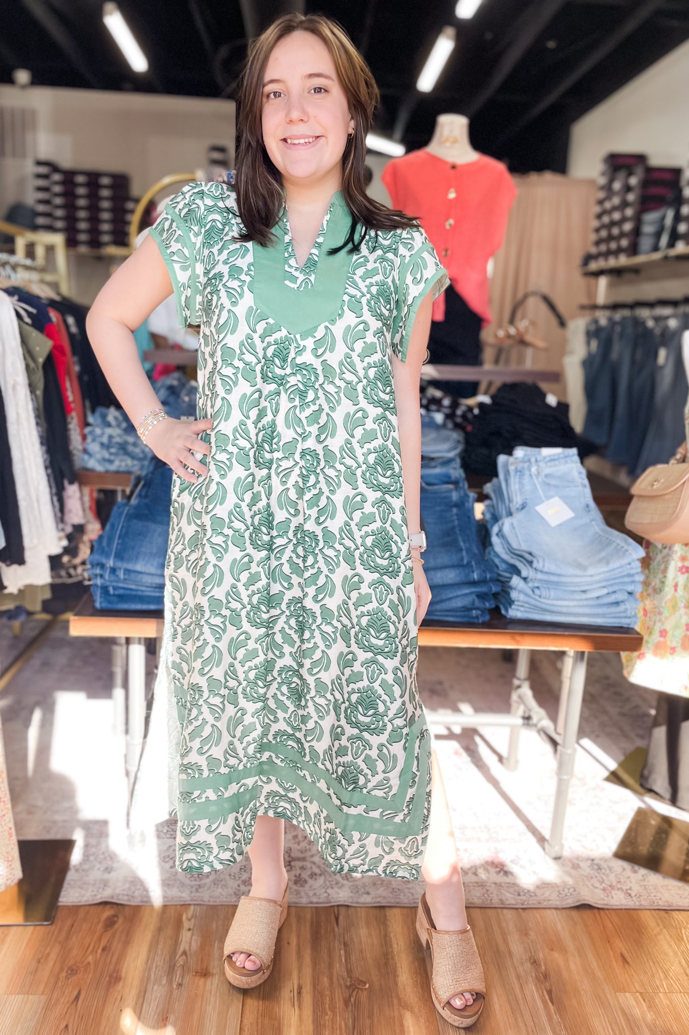 Umgee green abatract botanical print relaxed kaftan midi dress K1595 large Umgee green abatract botanical print relaxed kaftan midi dress K1595 large
