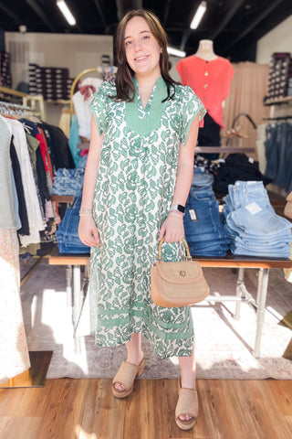 Umgee green abatract botanical print relaxed kaftan midi dress K1595
