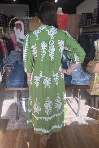Umgee midi dress empire waist elbow short sleeves Green K9343