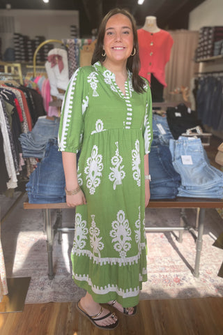 Umgee midi dress empire waist elbow short sleeves Green K9343