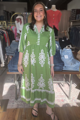 Umgee midi dress empire waist elbow short sleeves Green K9343