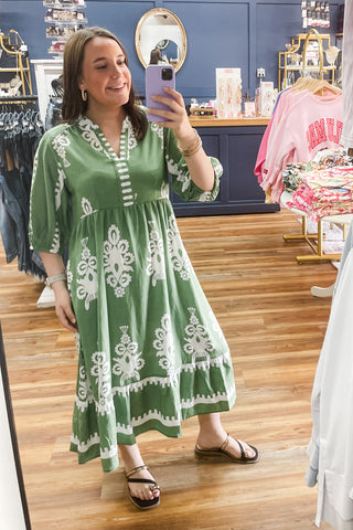 Umgee midi dress empire waist elbow short sleeves Green K9343