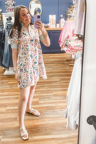 Umgee Green Mix Floral Jacquard Mini Dress with Contrast Trim K1759