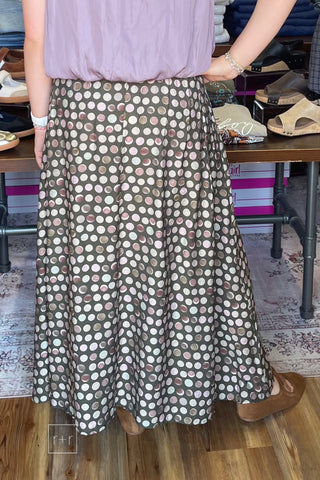 Umgee C6942 olive polka dot pleated maxi skirt in a relaxed, flowy fit