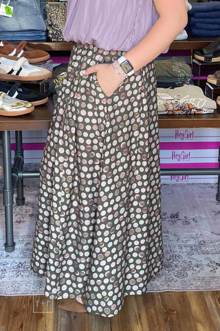 Umgee C6942 olive polka dot maxi skirt with elastic waistband