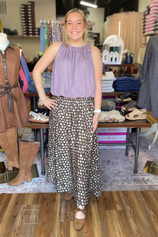 Umgee C6942 olive multicolor polka dot maxi skirt