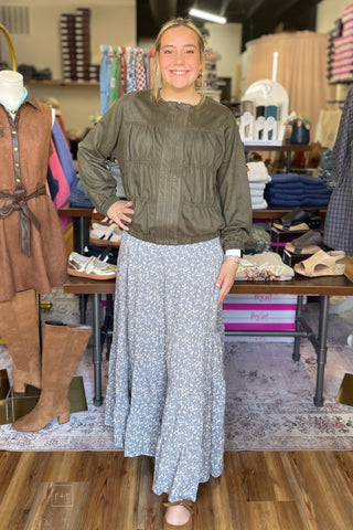 Full length look: Umgee Shayla olive suede-look jacket N7068 with Wishlist Daisy Blue Floral Midi Skirt and Corkys Layover Ballet Flats in camel