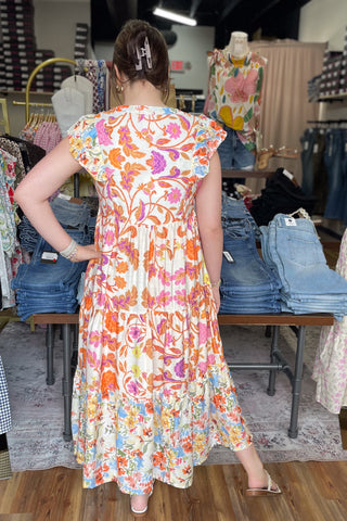 Umgee orange mix floral boho tiered midi dress ruffle cap sleeve K1624