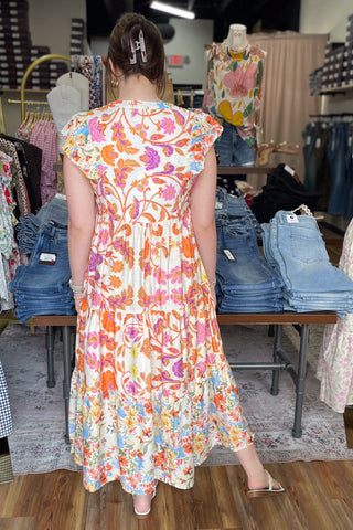 Umgee orange mix floral boho tiered midi dress ruffle cap sleeve K1624
