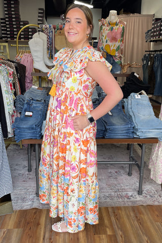 Umgee orange mix floral boho tiered midi dress ruffle cap sleeve K1624