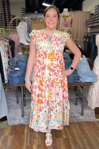 Umgee orange mix floral boho tiered midi dress ruffle cap sleeve K1624