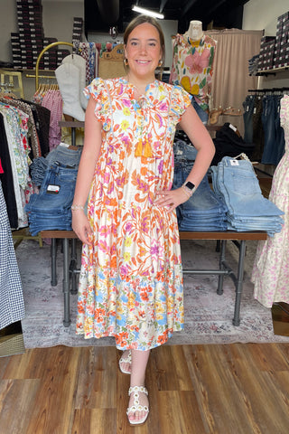 Umgee orange mix floral boho tiered midi dress ruffle cap sleeve K1624