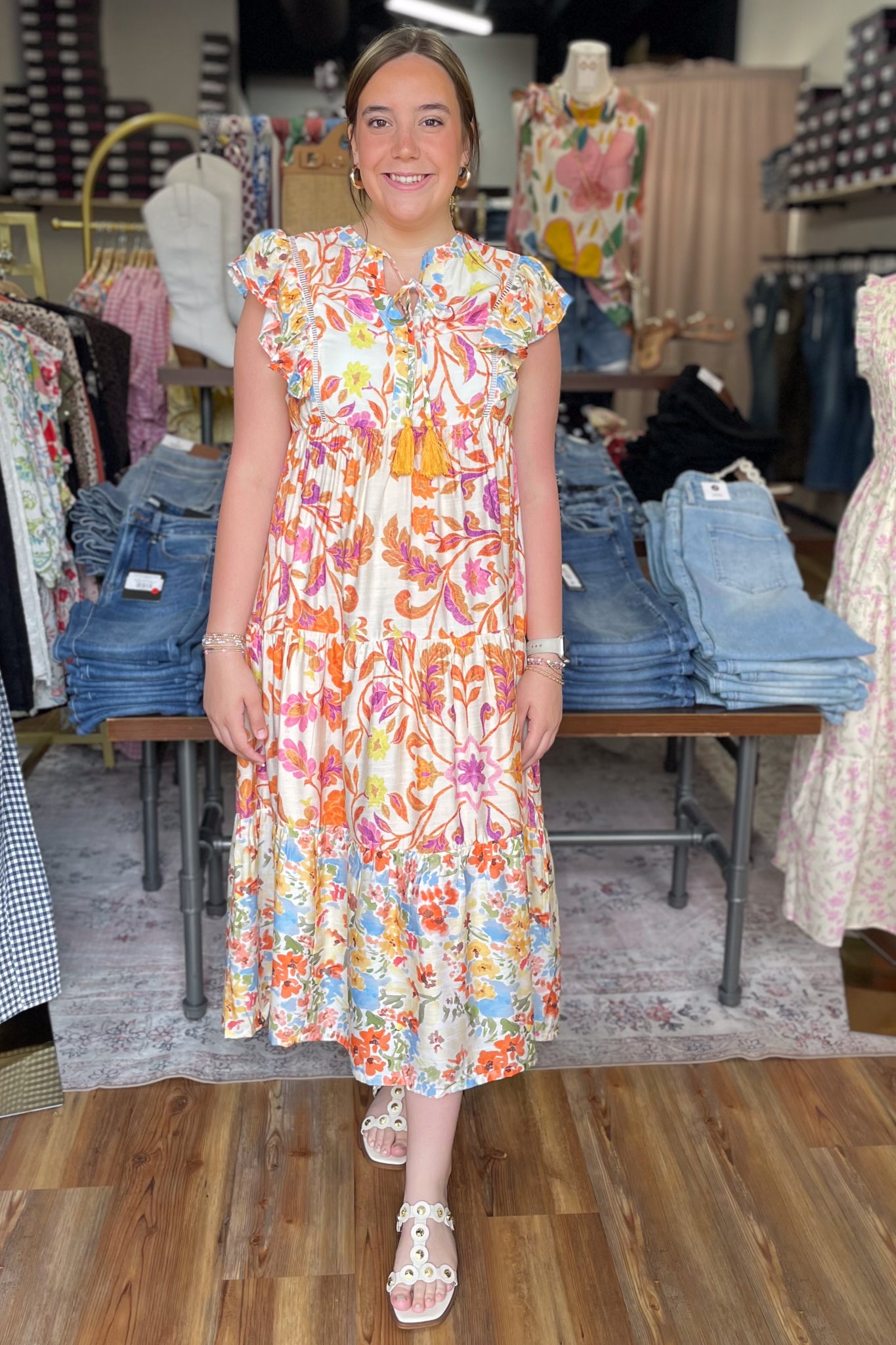 cap sleeve floral midi dress Avrnliq Womens Navy Floral Midi Dress A-Line Cap Sleeve with Self-Tie Waist Stretchy Wrinkle Resistant,Size S