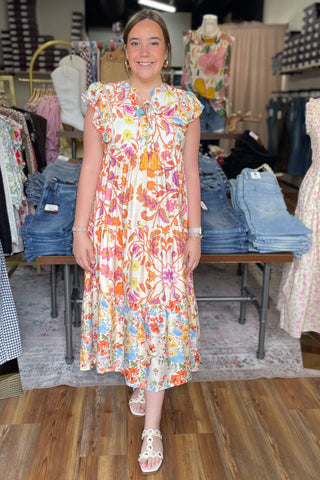 Umgee orange mix floral boho tiered midi dress ruffle cap sleeve K1624