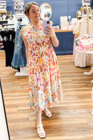 Umgee orange mix floral boho tiered midi dress ruffle cap sleeve K1624