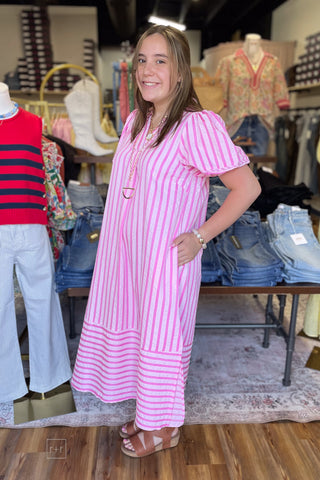 Umgee peony pink striped midi dress puff short sleeves caftan style C5868 side view