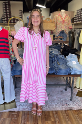 Umgee peony pink striped midi dress puff short sleeves caftan style C5868 front view