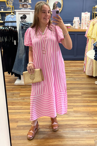 Umgee peony pink striped midi dress puff short sleeves caftan style C5868 mirror selfie
