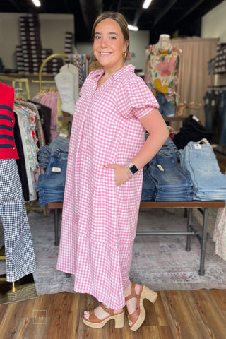 Umgee peony pink gingham midi dress short puff sleeves side view C6338