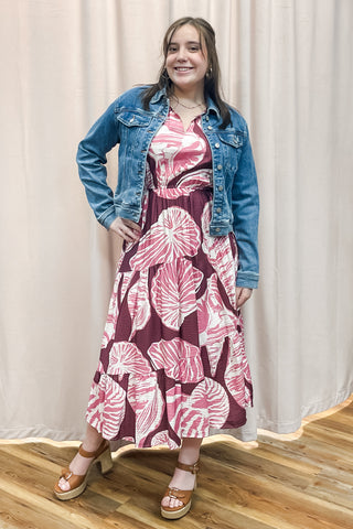 Umgee plum mauve floral design midi length short sleeve dress K9160