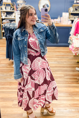 Umgee plum mauve floral design midi length short sleeve dress K9160