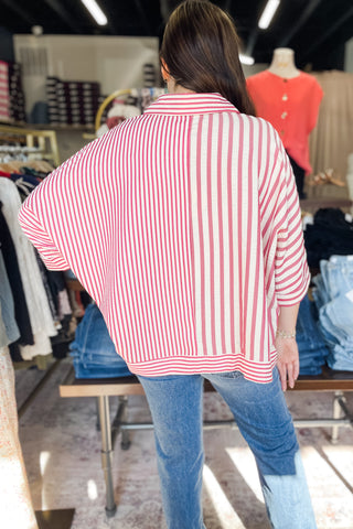 Umgee raspberry mix striped button down oversized blouse C5821