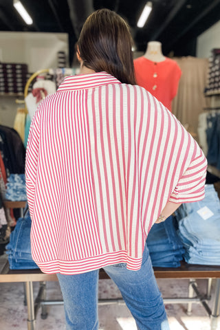Umgee raspberry mix striped button down oversized blouse C5821
