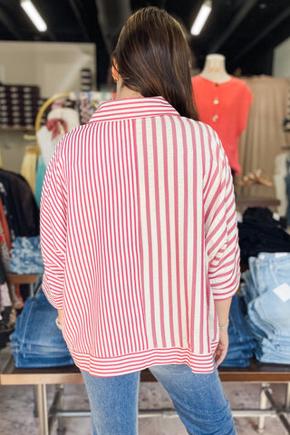 Umgee raspberry mix striped button down oversized blouse C5821