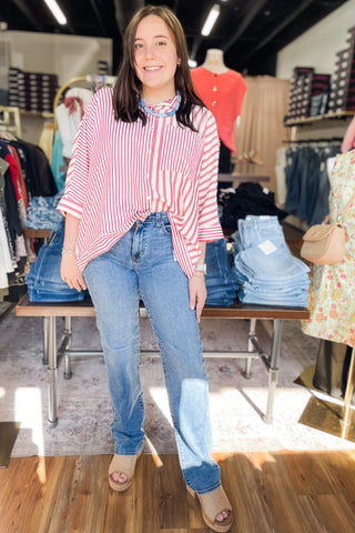 Umgee raspberry mix striped button down oversized blouse C5821