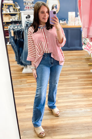 Umgee raspberry mix striped button down oversized blouse C5821