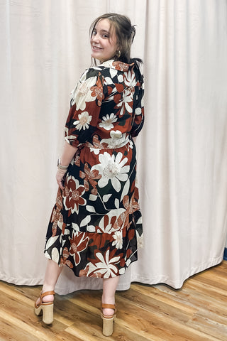 Umgee rust mix floral print midi length dress elbow sleeves k9030