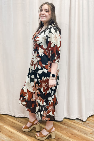 Umgee rust mix floral print midi length dress elbow sleeves k9030